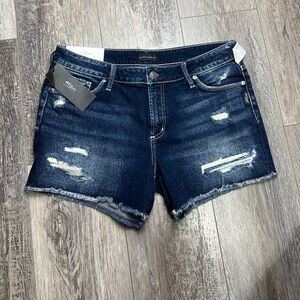 Silver Jeans Suki Shorts Mid Rise Curvy Cutoff Destructed Dark Denim Wom…